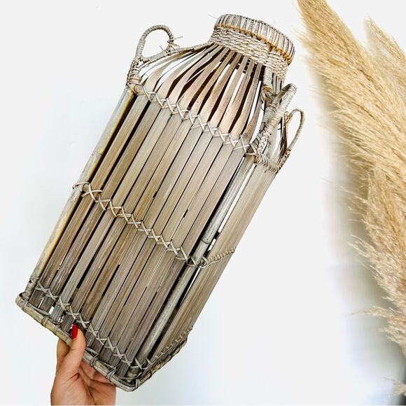 VINTAGE Brown Wood Wicker Woven Tall Basket Accent Decor Vase Handles Y2K 90s - Picture 3 of 8